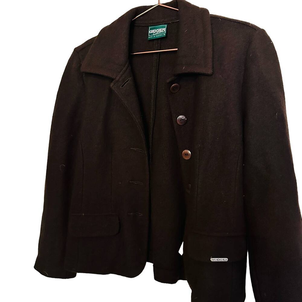 Geiger Collections Dark Brown Pure Wool Button Up Jacket Collared Blazer Size 36
